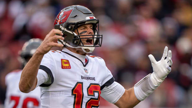 December 11, 2022; Santa Clara, California, USA; Tampa Bay Buccaneers quarterback Tom Brady (12) reacts after missing a pass against the San Francisco 49ers during the second quarter at Levi’s Stadium.